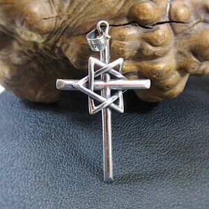 Solid 925 Sterling Silver Interwoven Star of David on Christian Cross Pendant